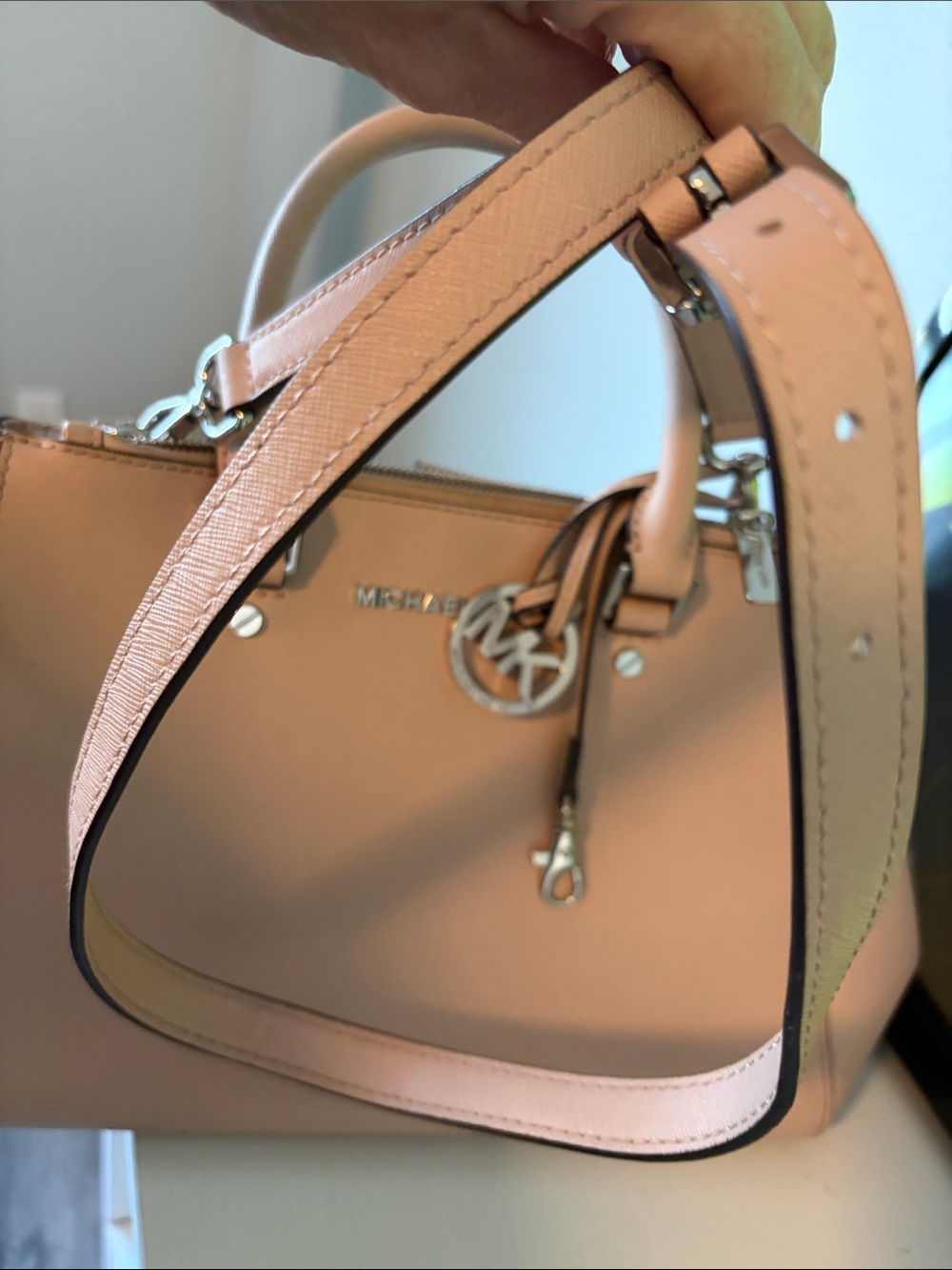 Michael Kors Peach/Pink Saffiano Leather Satchel with MK Charm - Picture 9 of 14